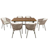 7 Piece All-Weather Patio Dining Set with Acacia Wood Tabletop and Metal Frame - Beige - Furniture Home Direct