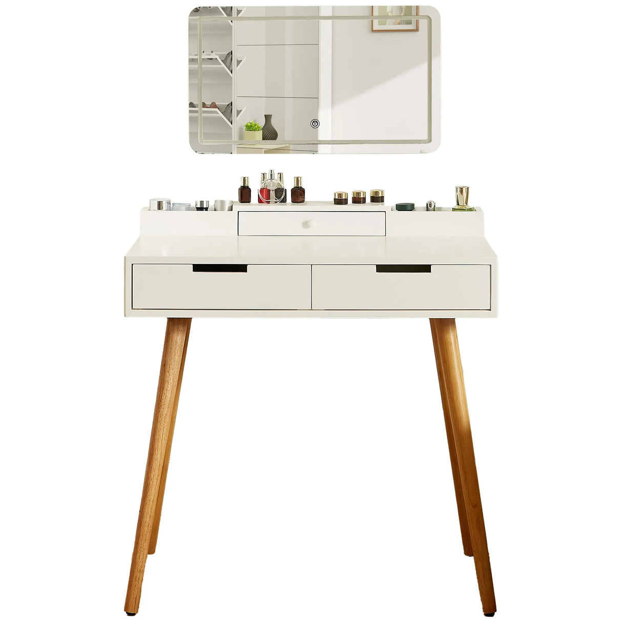 Makeup Vanity Desk With Removable Mirror And Lights, 3 Color Modes & Adjustable Brightness Dressing Table, Small Vanity Table Set With 2 Drawers For Bedroom - White - Furniture Home Direct
