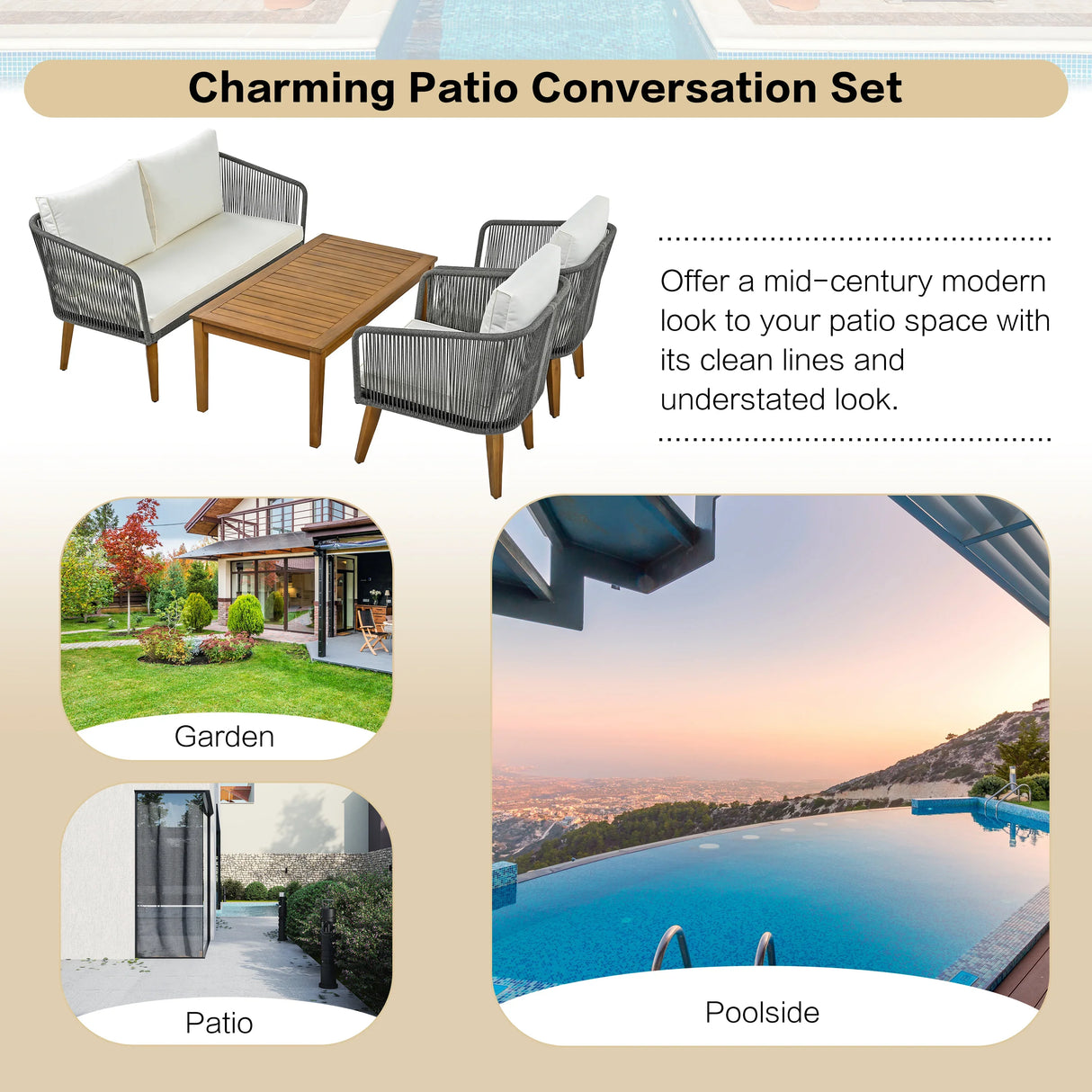 4-Piece Patio Conversation Set with Loveseat, 2 Chairs, Coffee Table + Cushions - Gray - Furniture Home Direct