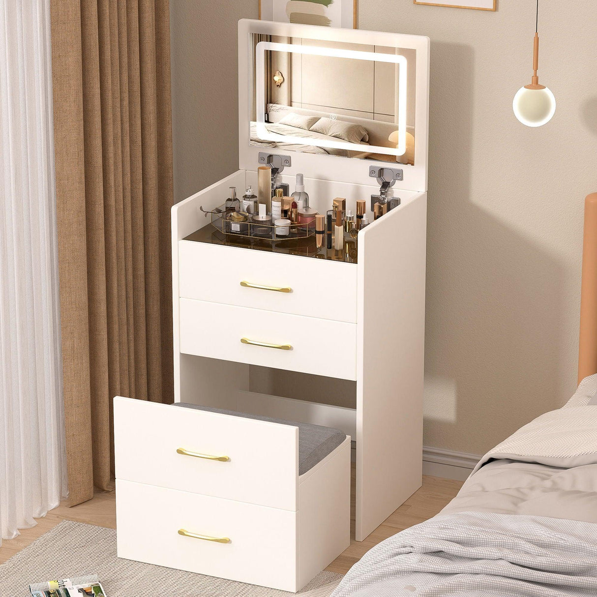 Compact 3 In 1 Vanity Desk With Open Top Mirror, Glass Desktop, 5 Height - White - Furniture Home Direct