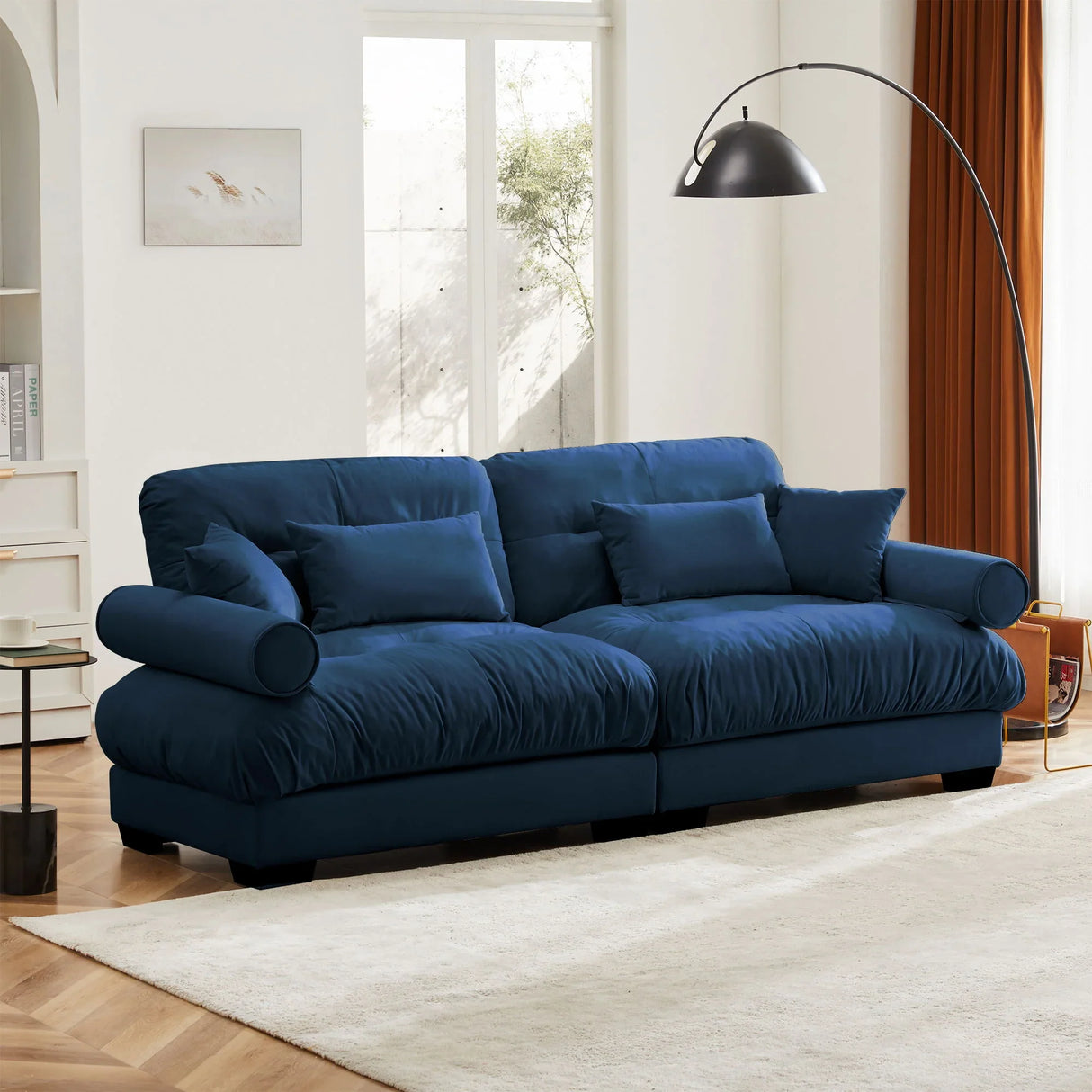 Modern Velvet Sofa With Bolstered Armrests And Pillows - Furniture Home Direct