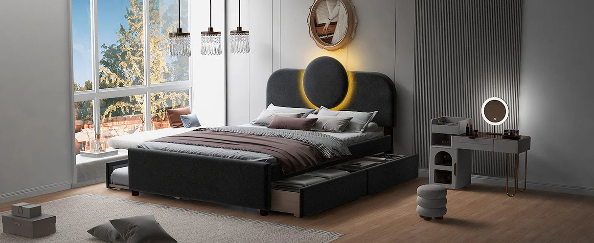 Platform Bed Upholstered With Storage Drawers Trundle Gray - Furniture Home Direct