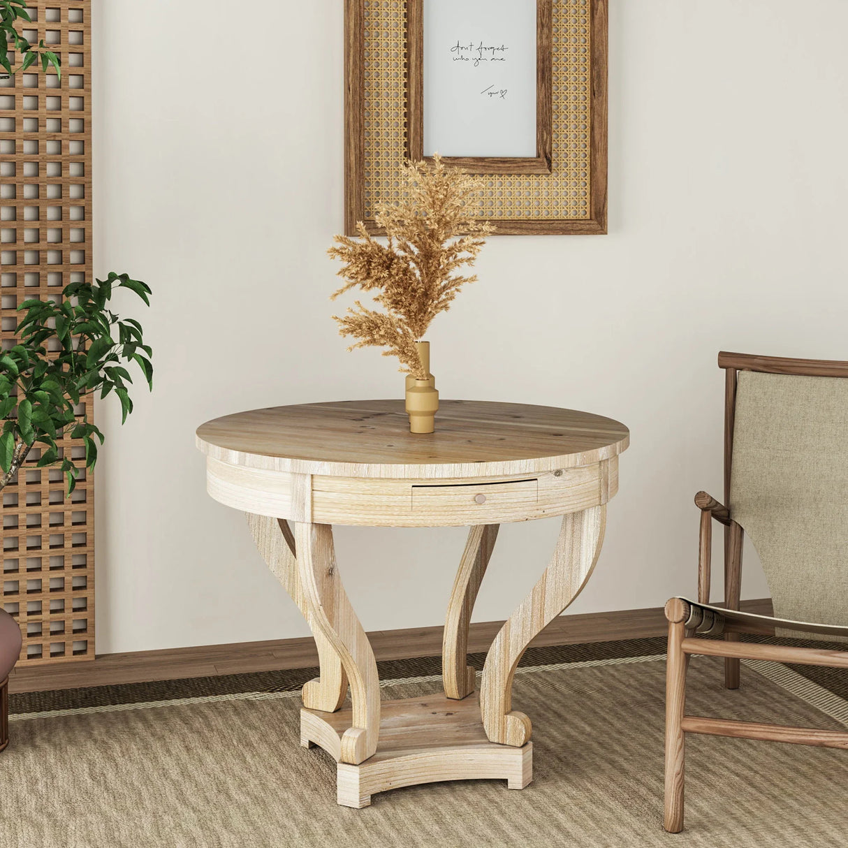 Curved Legs Farmhouse Style Side Table - Natural Wood Grain Distressed - Furniture Home Direct