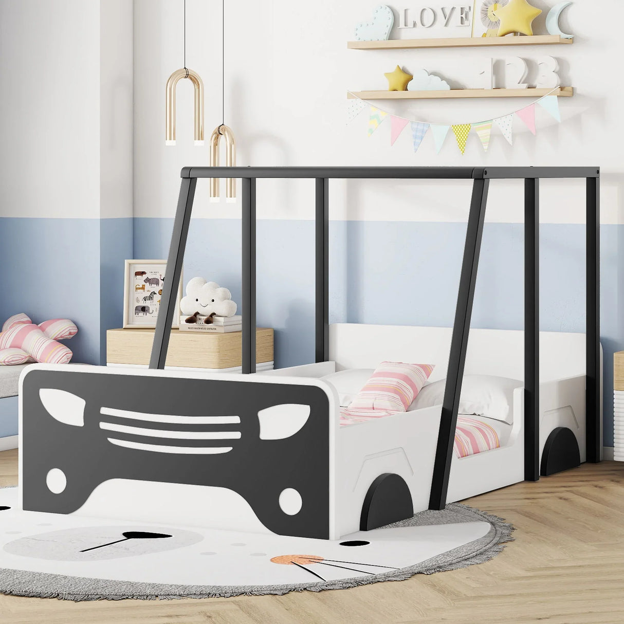 Twin Size Car-Shaped Bed With Roof, Wooden Twin Floor Bed With Wheels And Door Design, Montessori Inspired Bedroom - Furniture Home Direct