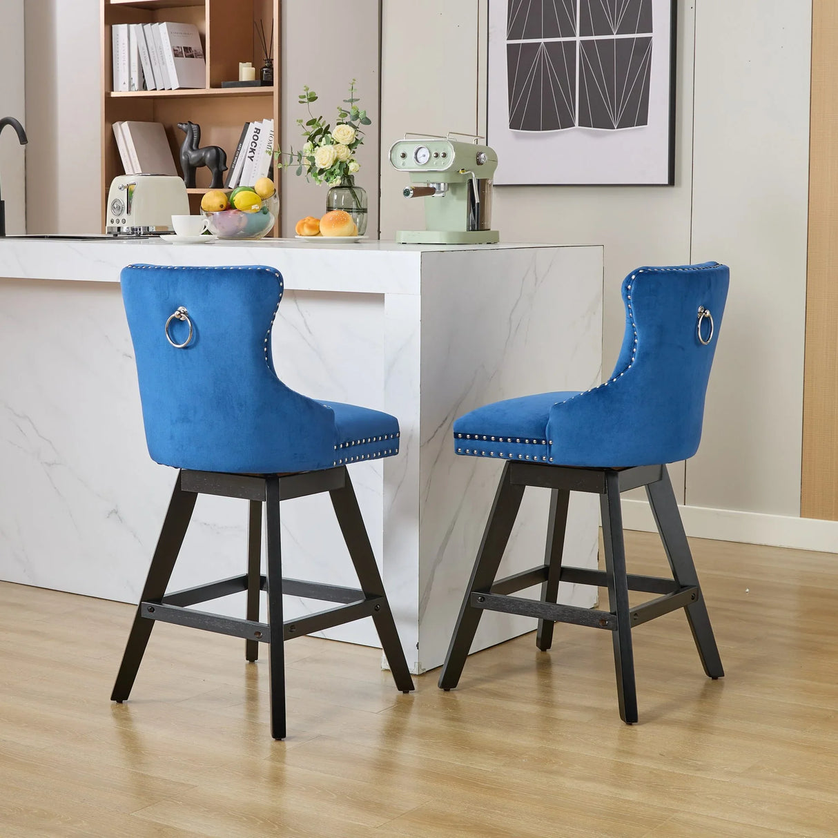 Bar Stools Swivel Velvet Tufted Nailhead Trim Set of 2 Blue - Furniture Home Direct