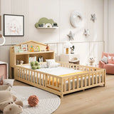 Full Size Montessori Floor Bed With Bookcases And boards, Solid Wood Platform Bed With Guard Rails And Storage Headboards - Natural - Furniture Home Direct