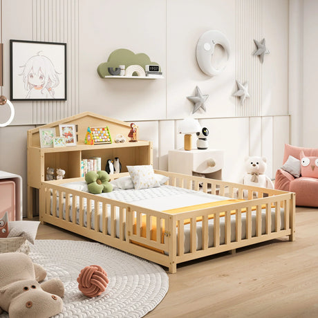Full Size Montessori Floor Bed With Bookcases And boards, Solid Wood Platform Bed With Guard Rails And Storage Headboards - Natural - Furniture Home Direct