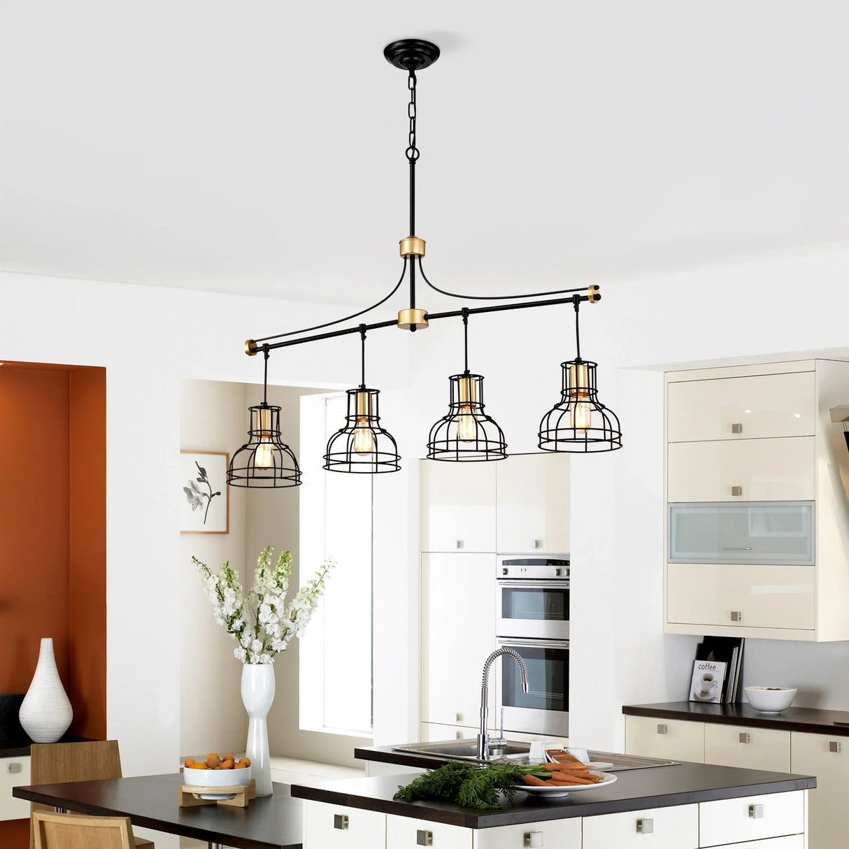 Dining Room Light Fixture / Chandelier Table, 40 -" Hanging For Farmhouse Linear Chandeliers, 5 Light Kitchen Island Lighting Ceiling Chandelier, With Metal Lampshade - Gold / Matte Black - Furniture Home Direct