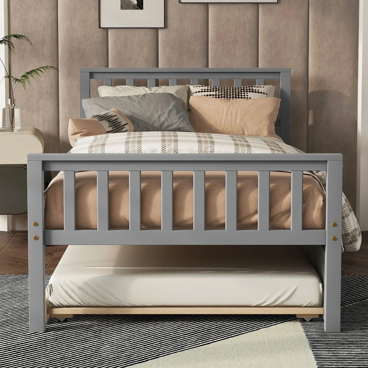 Twin Bed With Trundle, Platform Bed Frame With Headboard And Footboard, For Bedroom Small Living Space, No Box Spring Needed - Furniture Home Direct