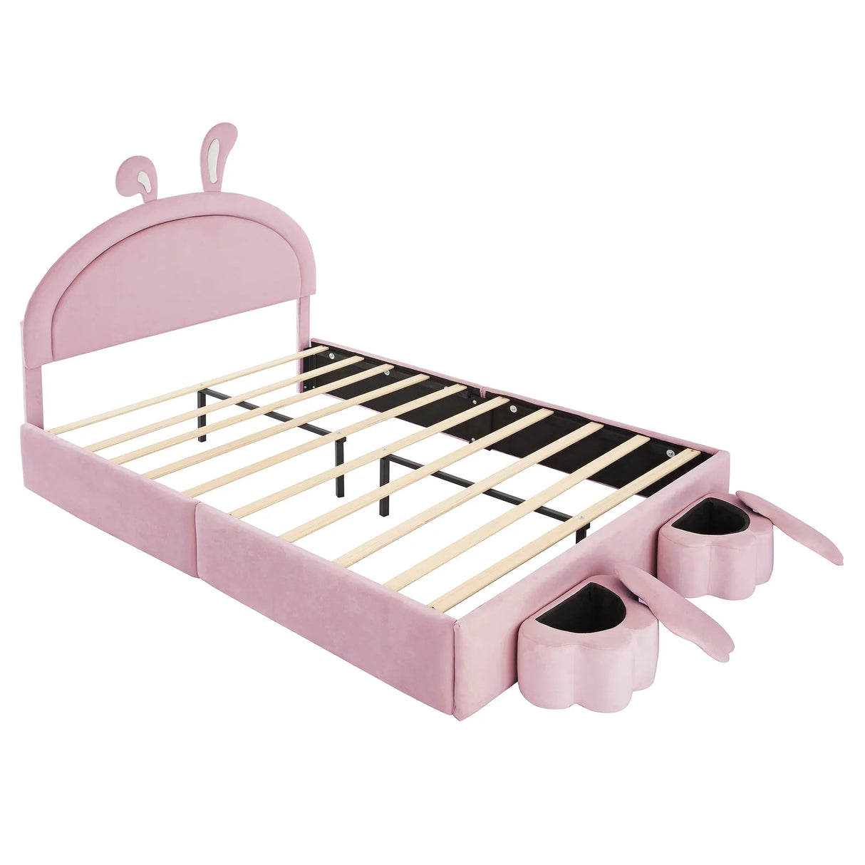 Rabbit Shaped Bed With Storage Stools Upholstered Pink - Furniture Home Direct