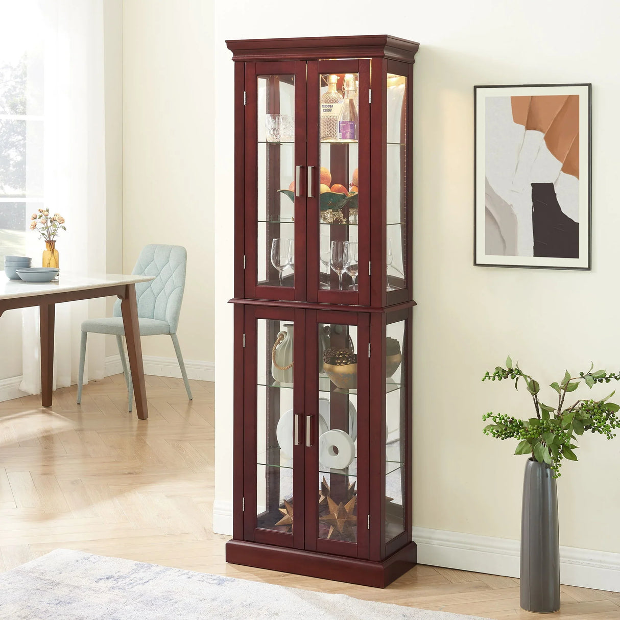 Curio Cabinet Lighted Curio Diapaly Cabinet With Adjustable Shelves And Mirrored Back Panel, Tempered Glass Doors (6 Tier), (E26 Light Bulb Not Included) - Furniture Home Direct