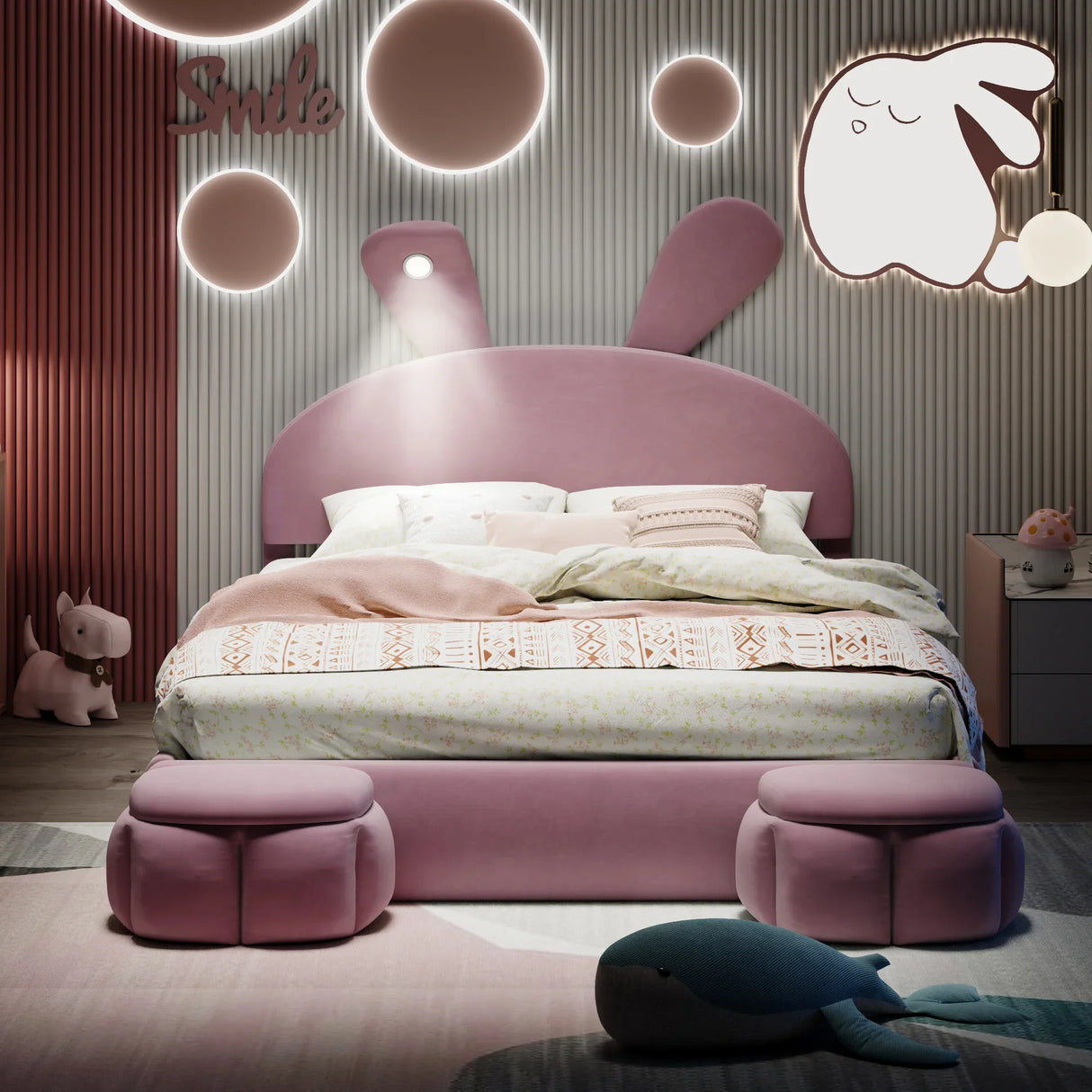 Full Size Upholstered Platform Bed with Cartoon Ears Shaped Headboard and Light, Pink - Furniture Home Direct