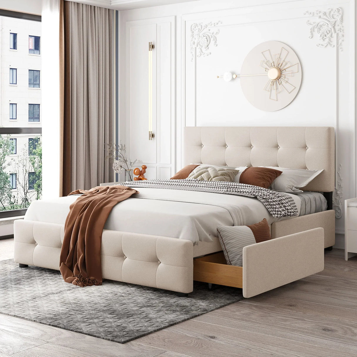 Upholstered Platform Bed With Classic Headboard And Drawers, No Box Spring Needed - Furniture Home Direct