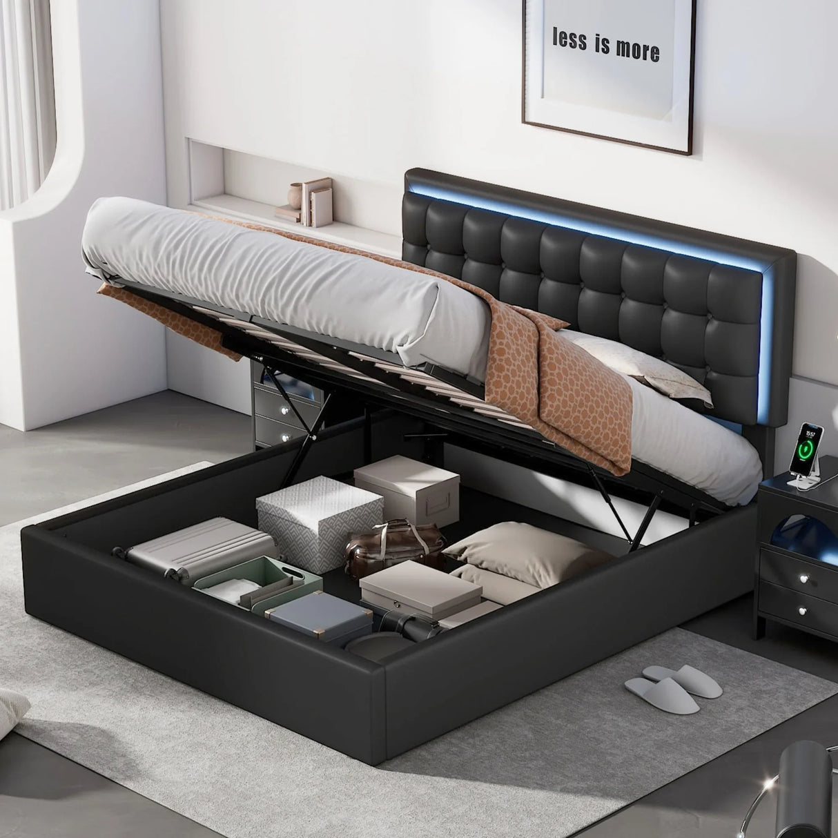 Storage Platform Bed Tufted Upholstered with LED Black - Furniture Home Direct