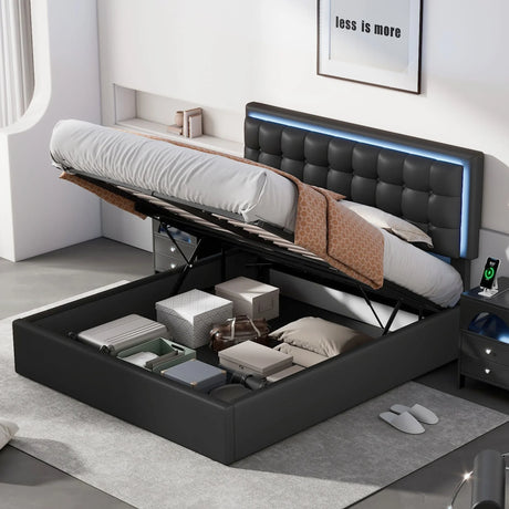 Storage Platform Bed Tufted Upholstered with LED Black - Furniture Home Direct