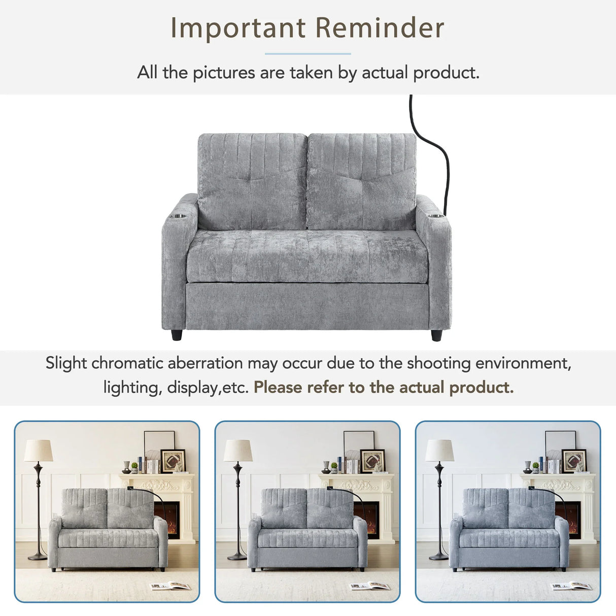 Sleeper Sofa With Adjustable Backrest, Two Cup Holders, Phone Holder, Three Charging Ports And Side Storage Pockets - Gray - Furniture Home Direct