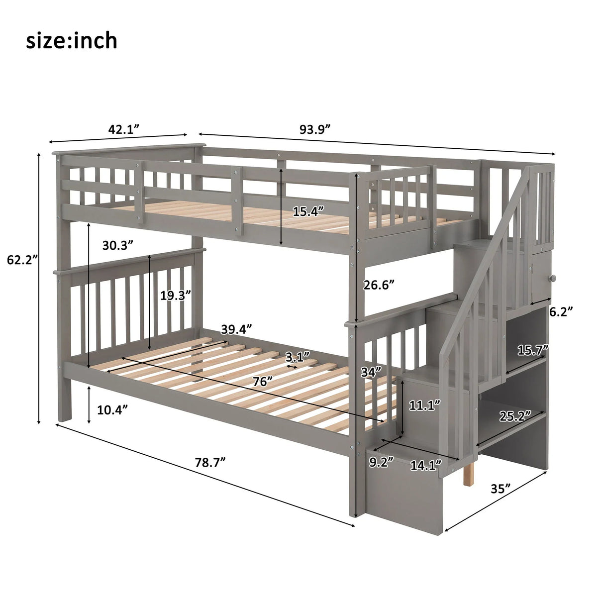 Stairway Bunk Bed With Storage And Guard Rail For Bedroom - Furniture Home Direct