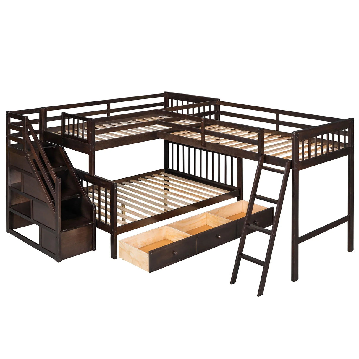 Solid L Shaped Bunk Bed With 3 Drawers, Ladder And Staircase - Furniture Home Direct