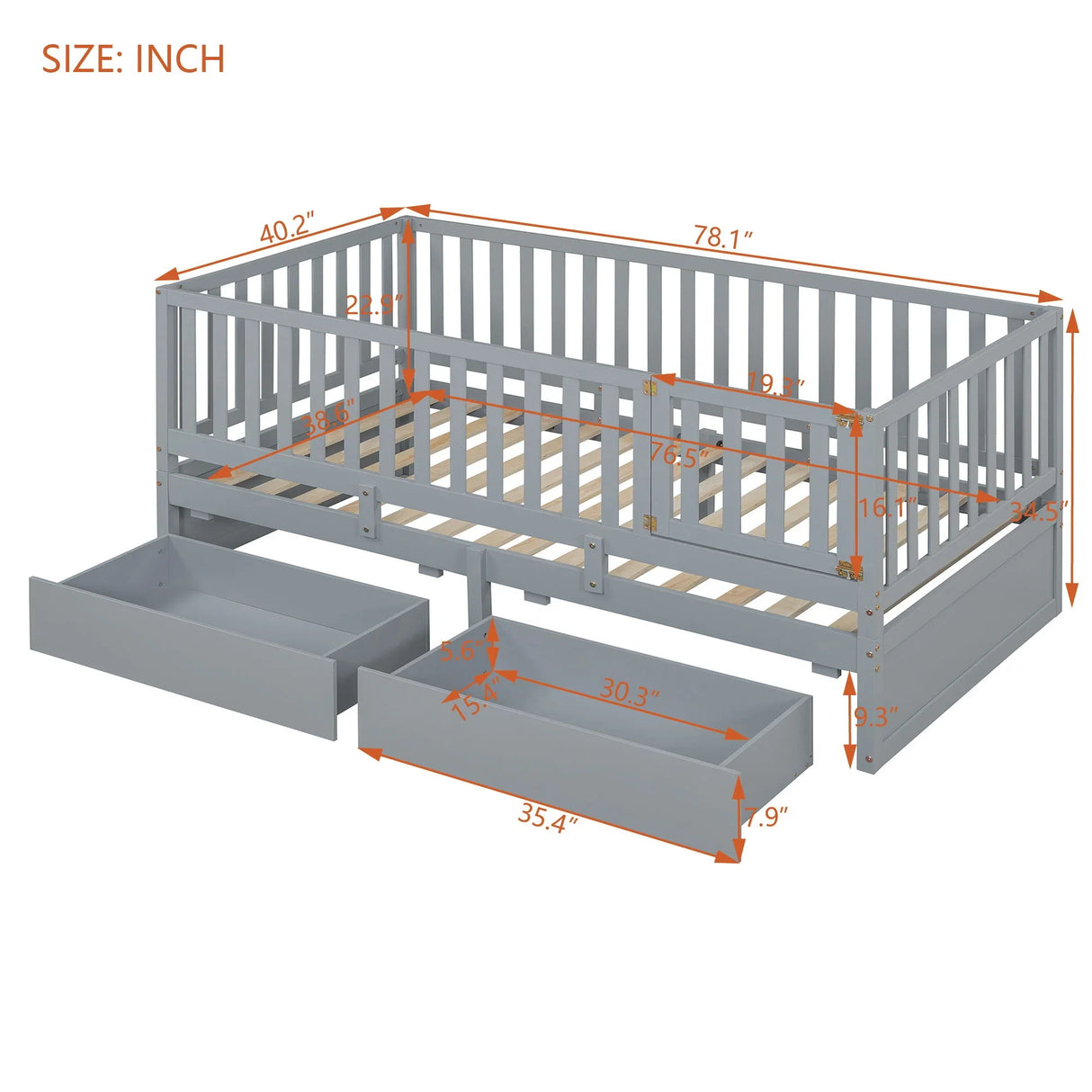 Daybed With Fence Guardrails And 2 Drawers, Split Into Independent Floor Bed & Daybed - Furniture Home Direct