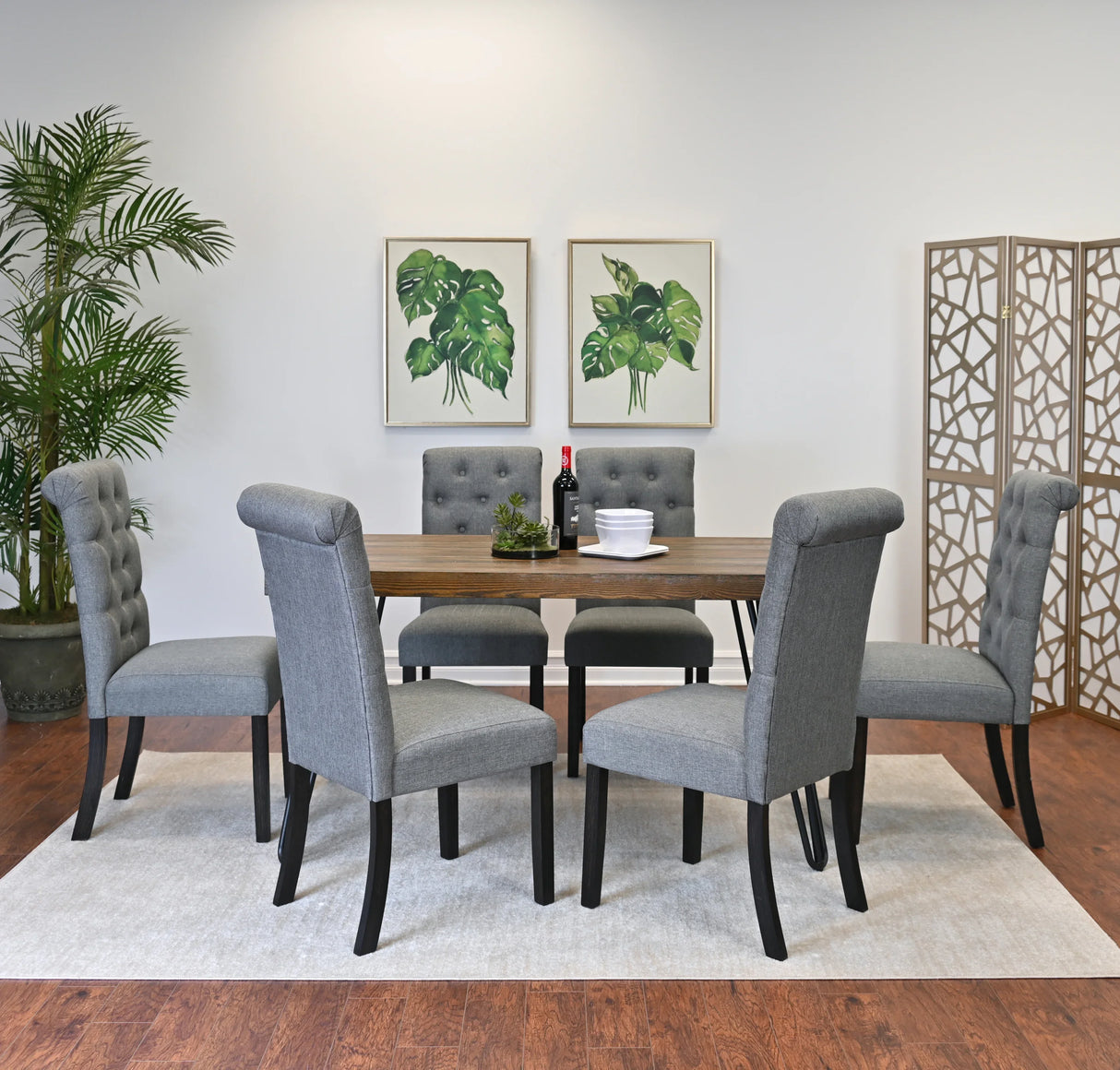 Dining Set Wood Table With Hairpin Legs Six Chairs Gray - Furniture Home Direct