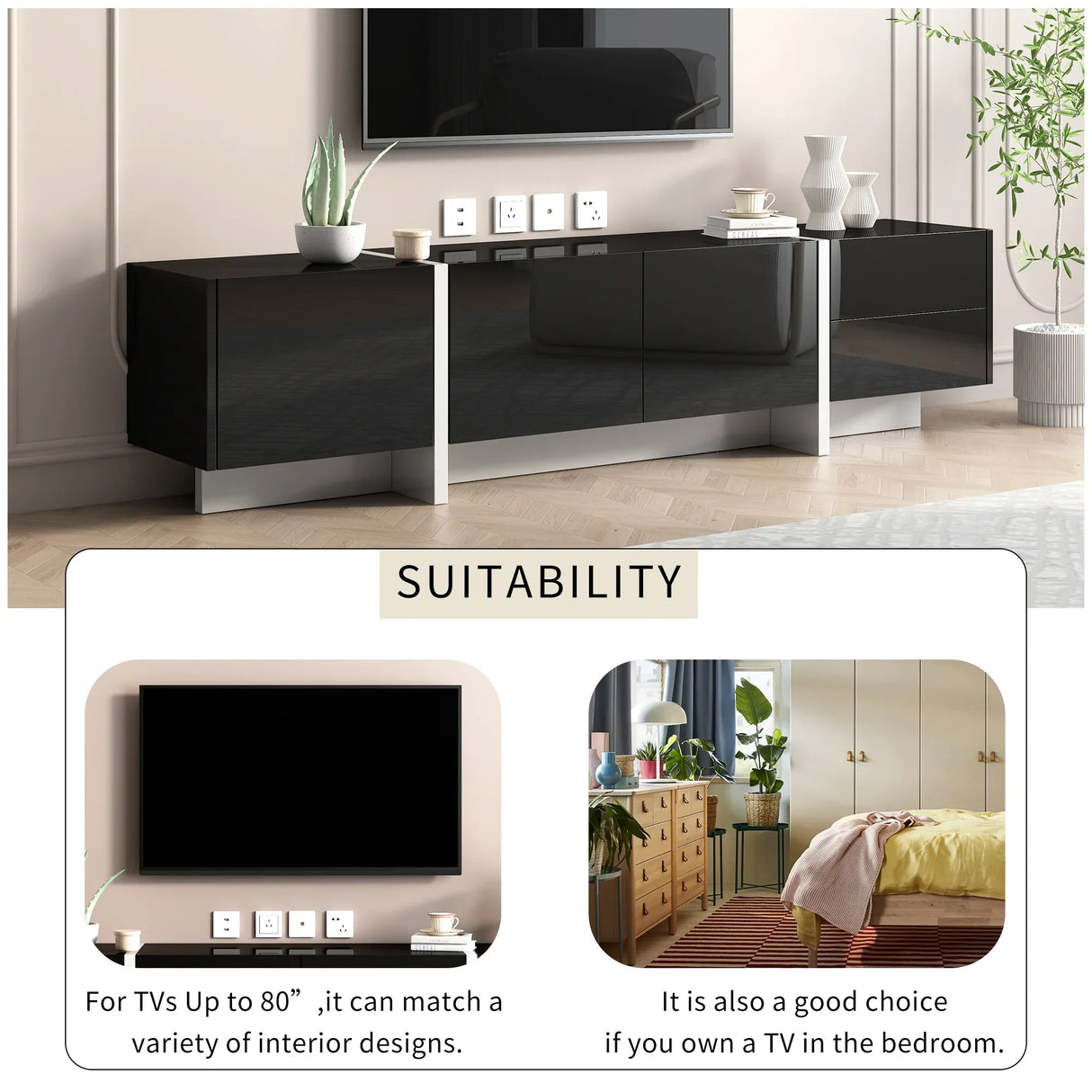 TV Stand High Gloss Console 74 Inch Length Modern Black - Furniture Home Direct