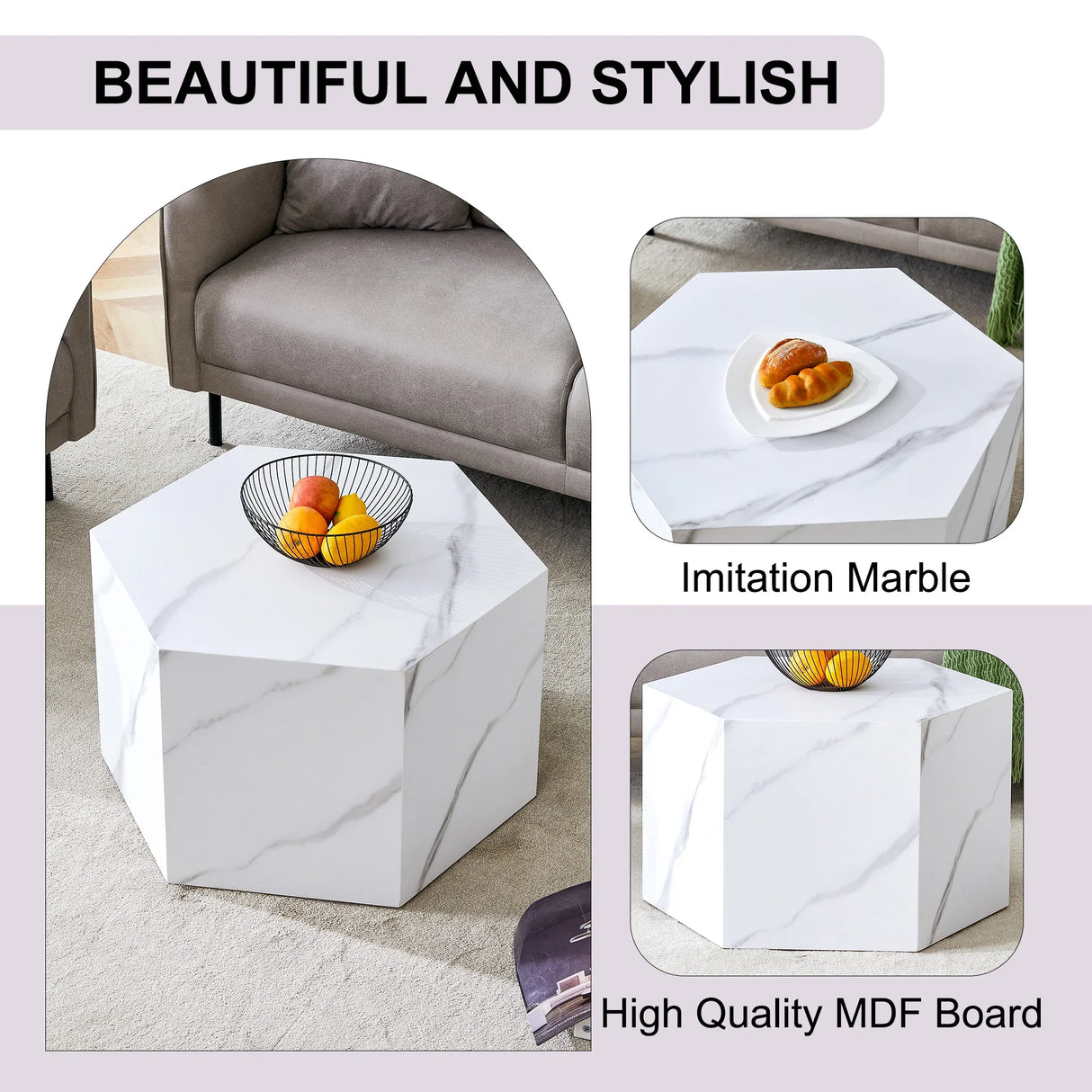Coffee Table Marble-Effect Cube Geometric Design White - Furniture Home Direct