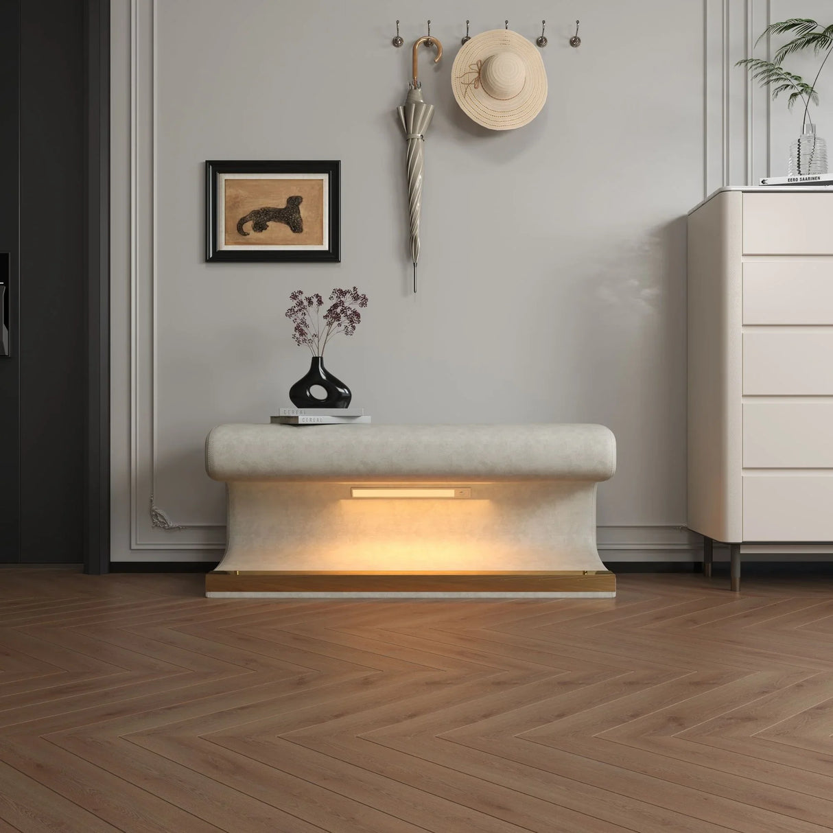 Modern Upholstered Entryway Bench With LED Sensor Light - Furniture Home Direct