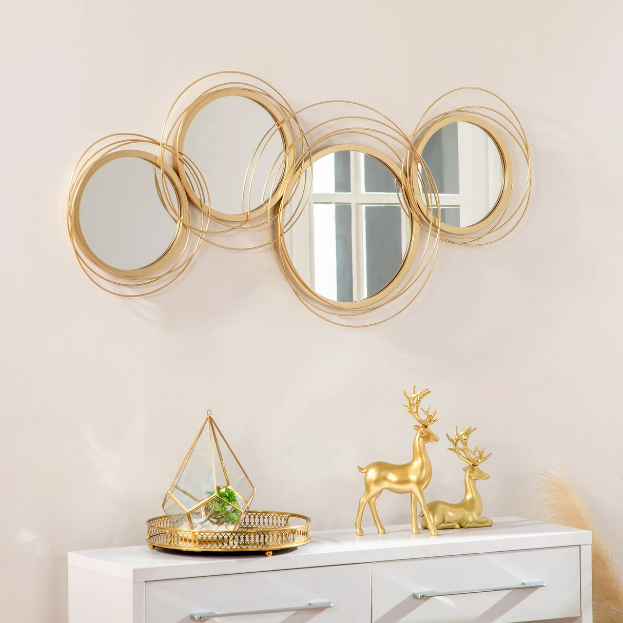 Round Mirror Wall Art Set With Gold Metal Rings Gold - Furniture Home Direct