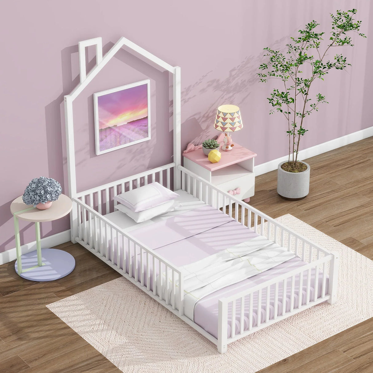 Metal House Platform Bed With Guardrail And Chimney - Furniture Home Direct