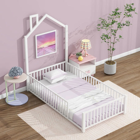 Metal House Platform Bed With Guardrail And Chimney - Furniture Home Direct