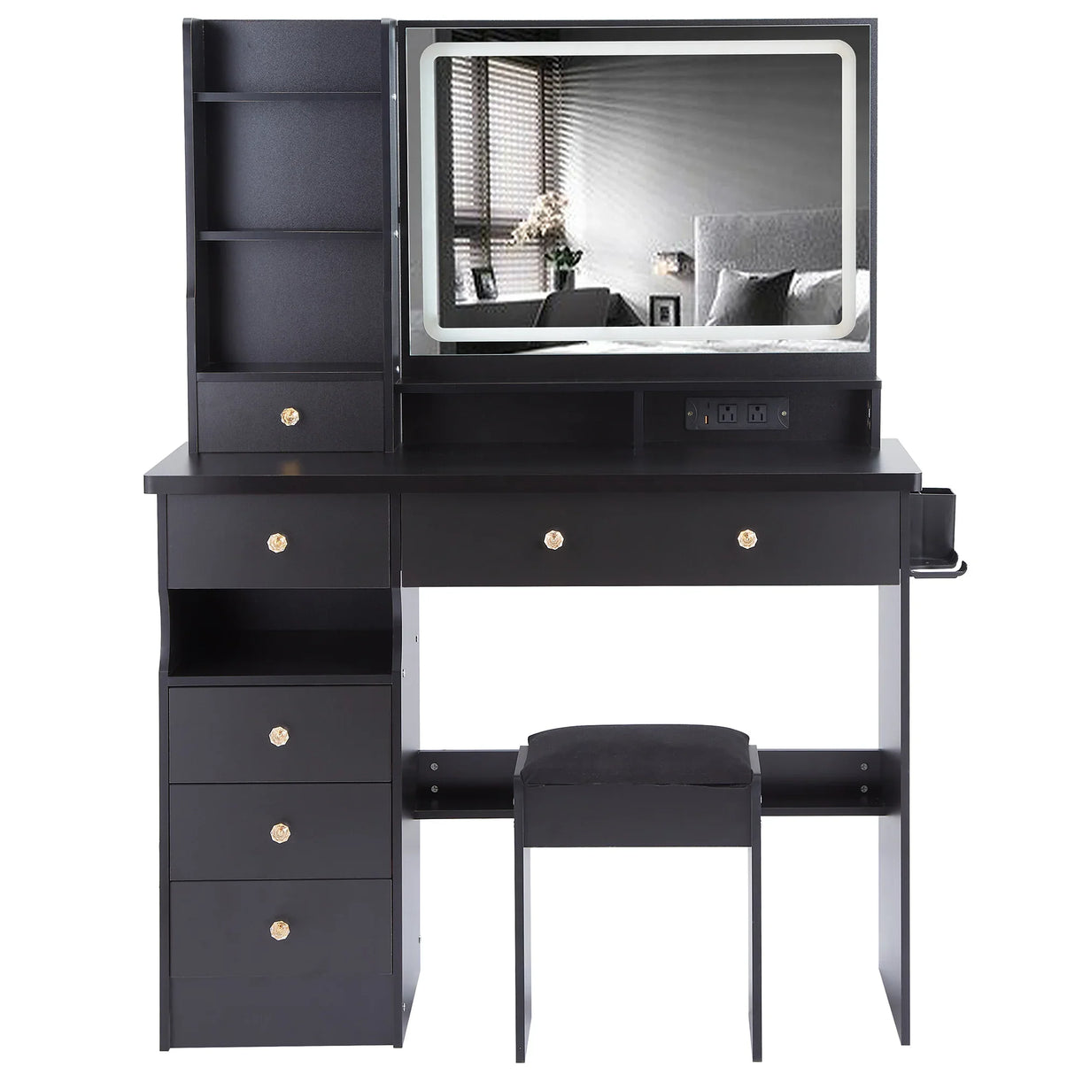 Vanity Desk With Cushioned Stool And Mirror Set Black - Furniture Home Direct