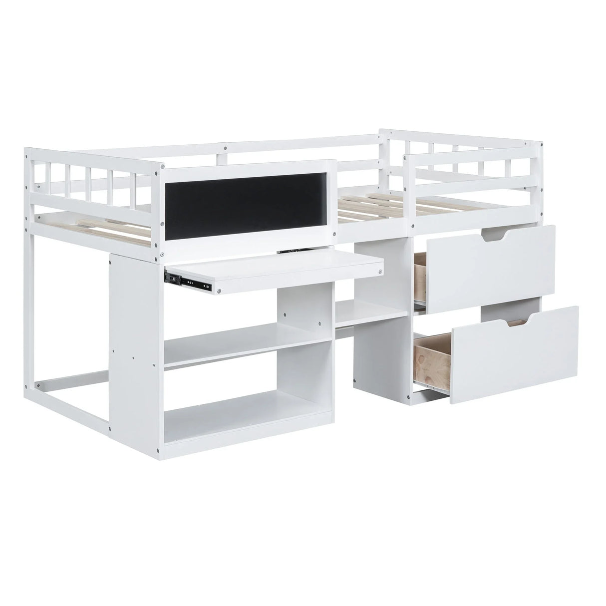Low Loft Bed With Rolling Desk, Shelf And Drawers - Furniture Home Direct