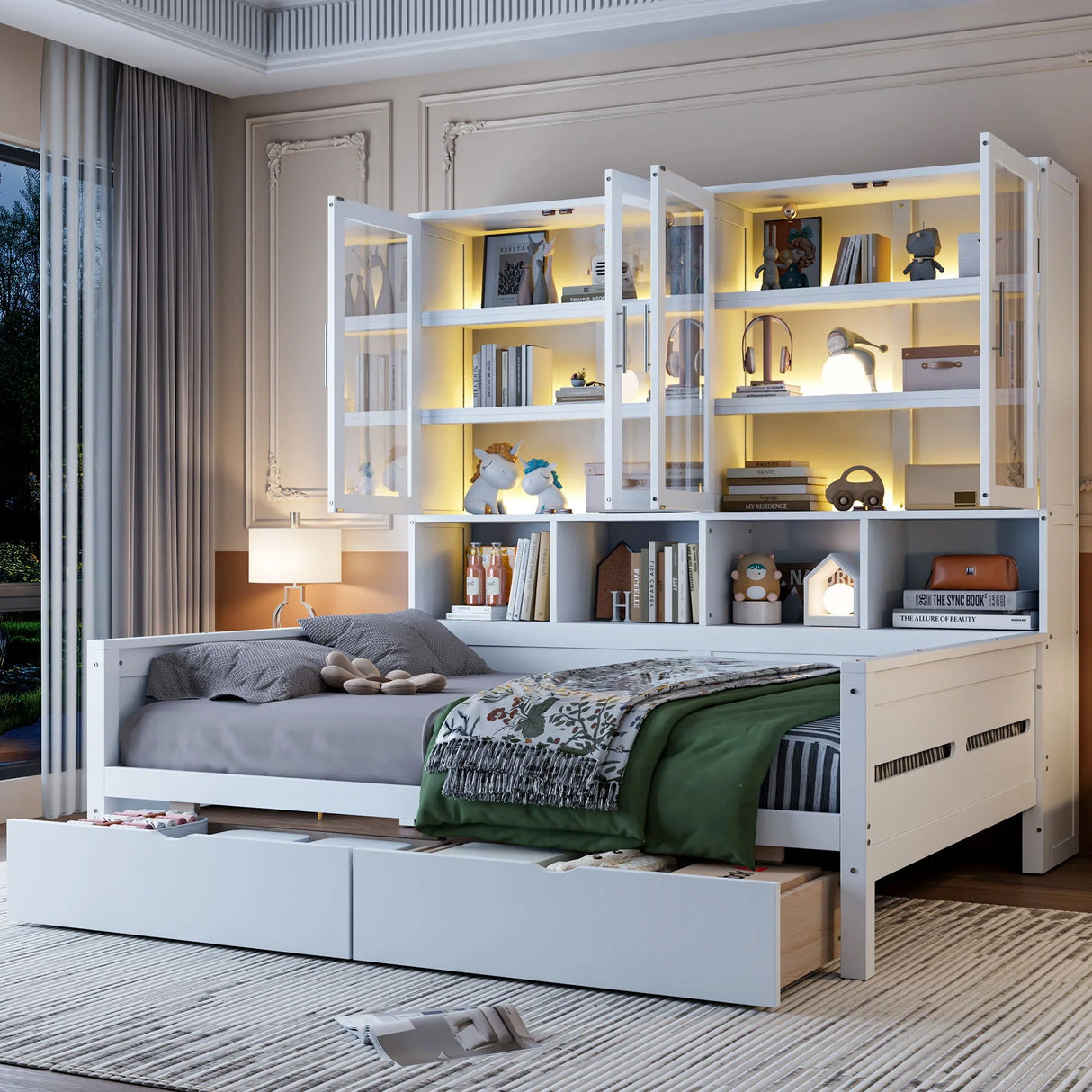 Daybed With Glass Door Storage Cabinets, Built In LED Lighting And Shelves - Furniture Home Direct