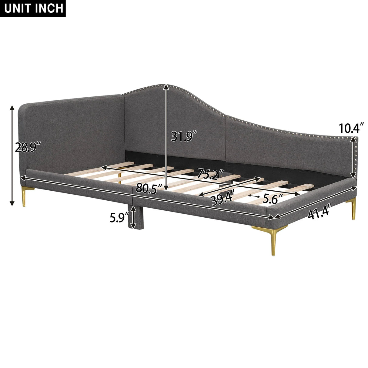 Upholstered Daybed With Headboard And Armrest, Support Legs - Furniture Home Direct