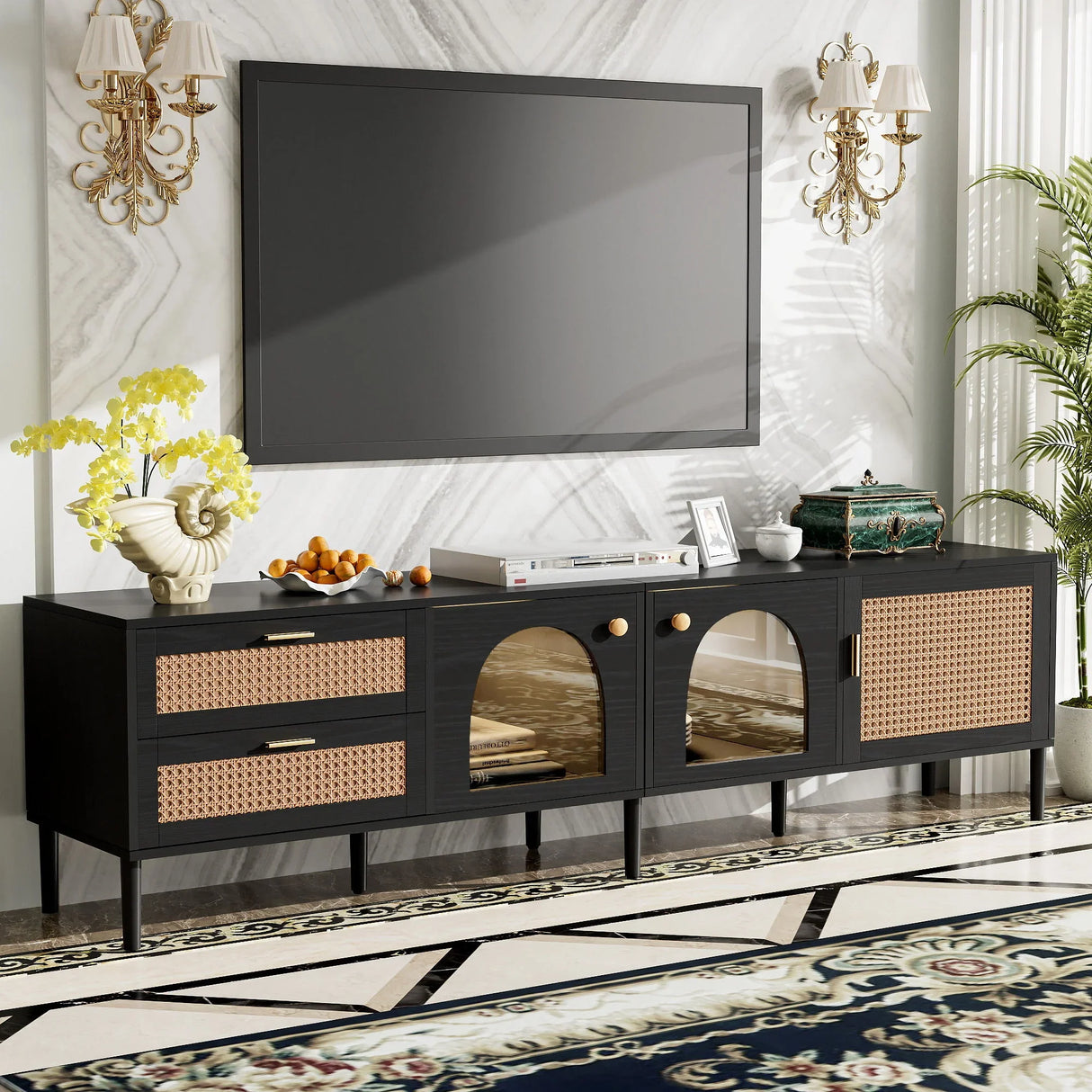 Rattan TV Stand With 3 Cabinets & 2 Drawers, Rattan-Inspired Media Console Table For Tvs Up To 80'', LED Light Entertainment Center, TV Cabinet For Living Room - Black - Furniture Home Direct