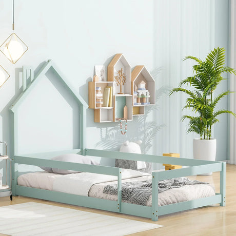 Wood Bed With House Shaped Headboard Floor Bed With Fences - Furniture Home Direct