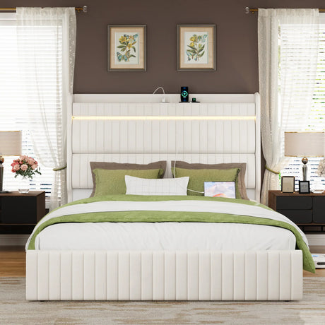 Queen Bed Upholstered With LED Lighting Headboard Beige - Furniture Home Direct
