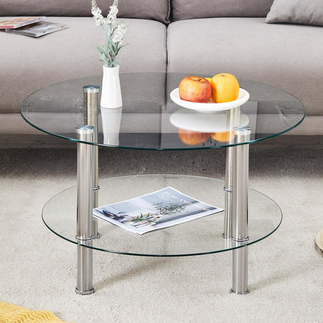 Coffee Table Two Tier Glass Top Polished Metal Legs Silver - Furniture Home Direct