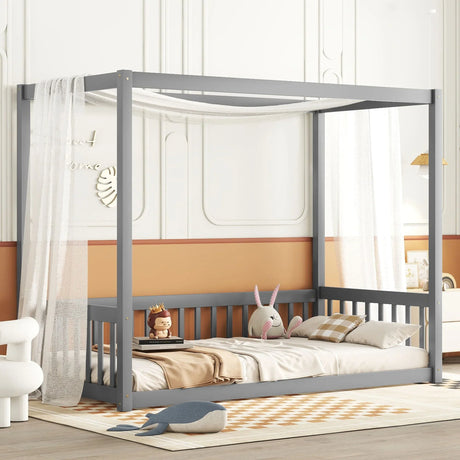 Canopy Frame Floor Bed With Fence, Guardrails - Furniture Home Direct