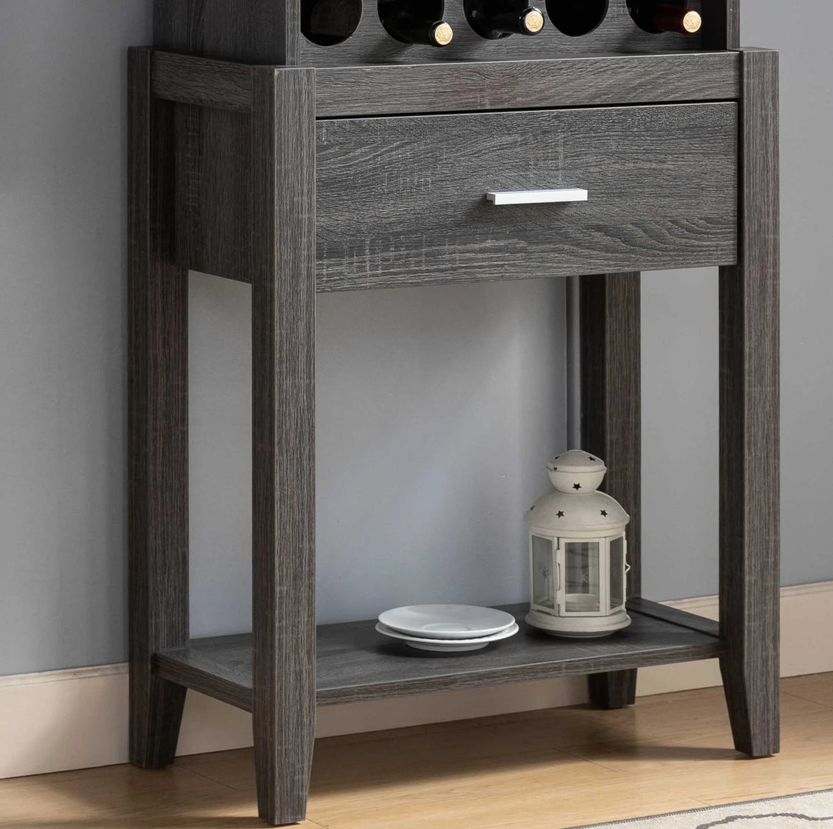 Wine Bar Cabinet, Kitchen Storage Cabinet With Drawer And Open Shelves - Distressed Gray - Furniture Home Direct