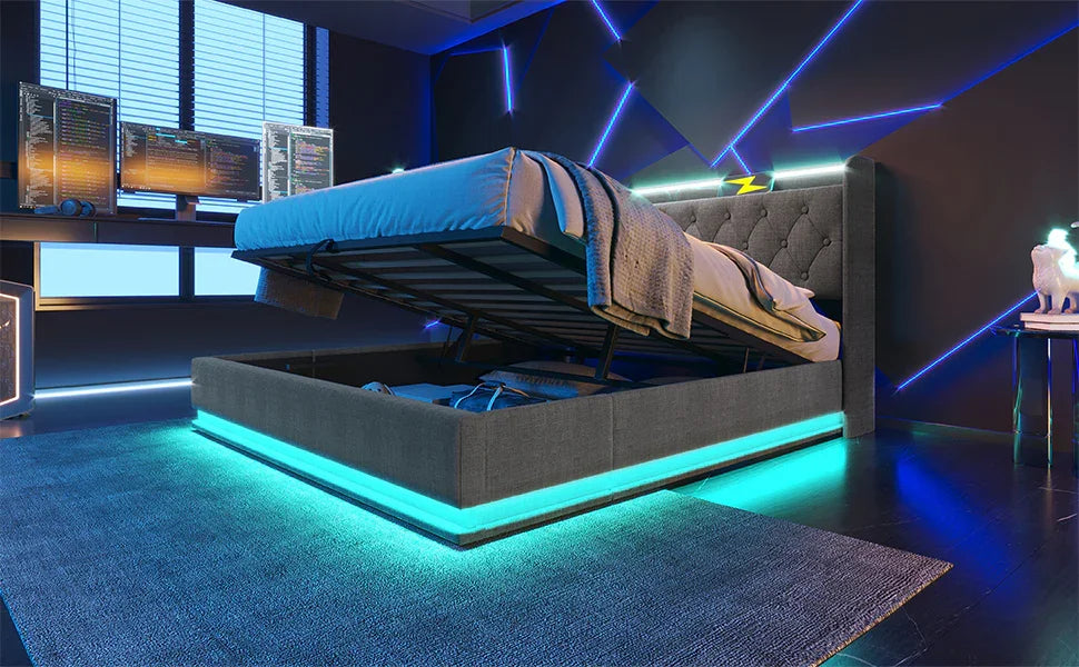 King Bed LED 360 Surround Lighting Storage USB Type C Gray - Furniture Home Direct
