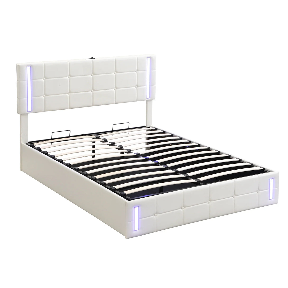 Storage Bed With LED Lights And Hydraulic Lift White - Furniture Home Direct
