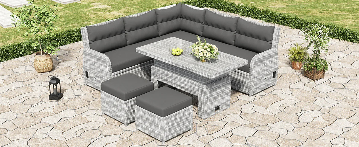 6 Piece Patio Set With An Adjustable Table, Recliners With Extendable Side Tables, And 2 Ottomans - Gray - Furniture Home Direct