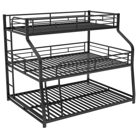 Twin Long / Full Long / Queen Triple Bunk Bed With Long And Short Ladder And Full-Length Guardrails - Black - Furniture Home Direct