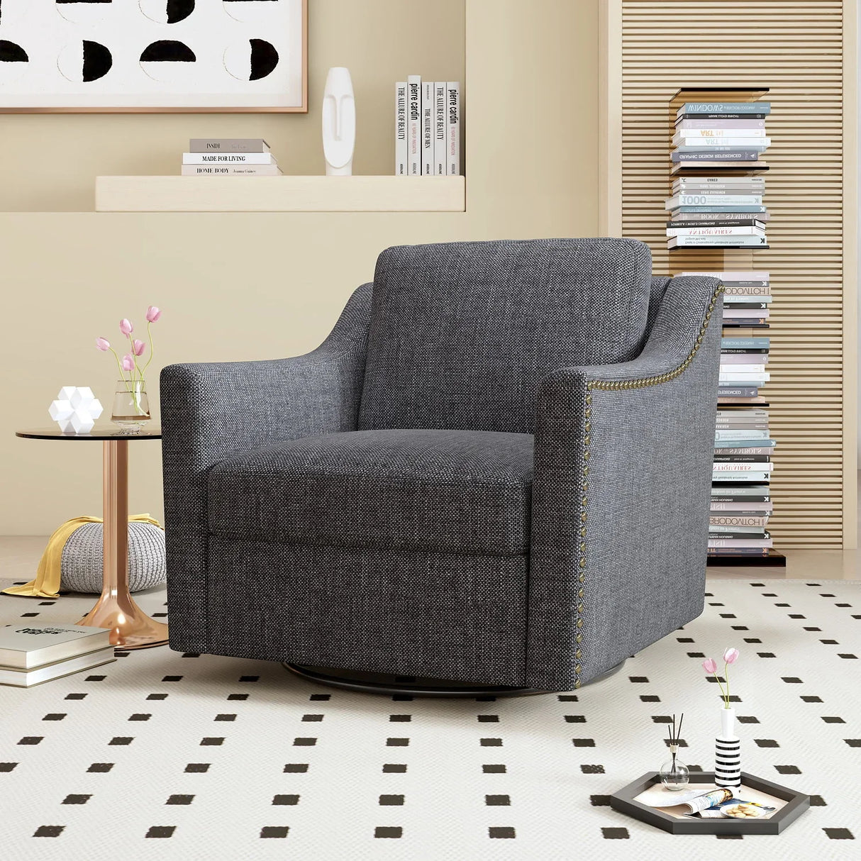 360 Degree Swivel Armchair, Skin Friendly Fabric, Ergonomic Design, Brass Nail Decorative Armchair - Furniture Home Direct