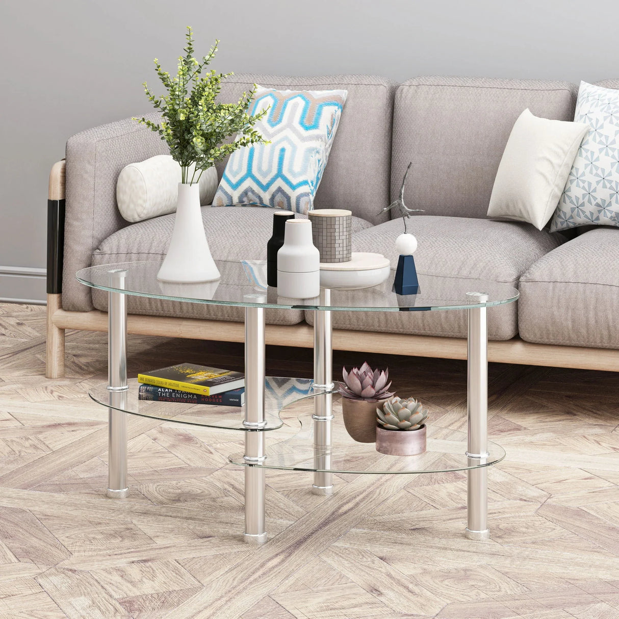 Transparent Oval Glass Coffee Table, Modern Table In Living Room Oak Wood Leg Tea Table 3-Layer Glass Table - Furniture Home Direct