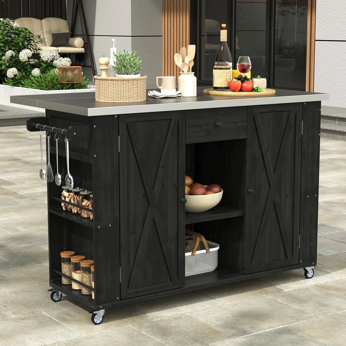 Outdoor Kitchen Island With Stainless Steel Top, Ample Storage Space, Towel And Spice Racks And A Bottle Opener - Furniture Home Direct