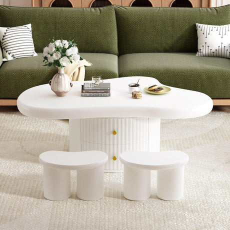 Cloud - Coffee Table (Set of 3), Irregular Shape Coffee Table With 2 Drawers, 2 Small Stools For Living Room - White - Furniture Home Direct