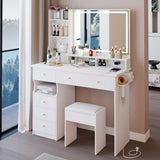 Vanity Desk Set With Cushioned Stool And Large Mirror White - Furniture Home Direct