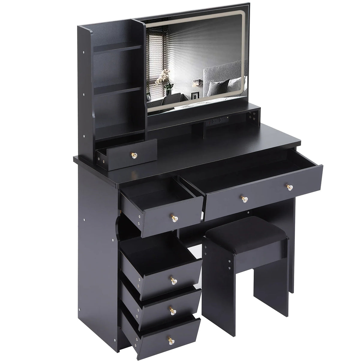 Vanity Desk With Cushioned Stool And Mirror Set Black - Furniture Home Direct